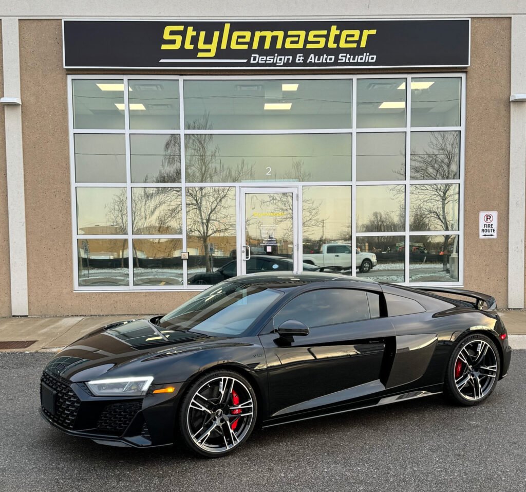 black r8 after Window Tint at Stylemaster in barrie.