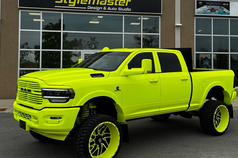 bright florescent green truck 3m vinyl wrap at Stylemaster in barrie.