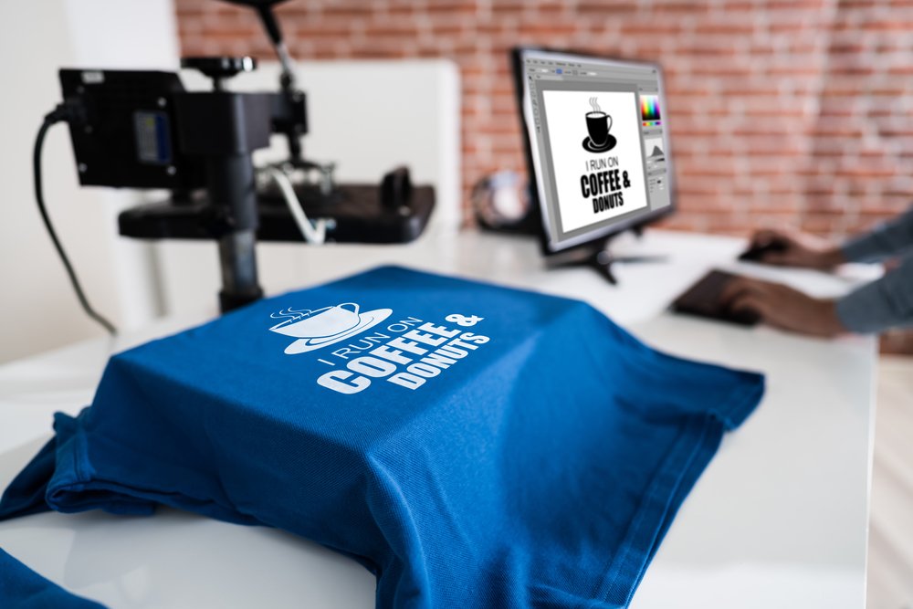 blue coffee shirt custom clothing with heat press.